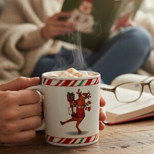 🦌 🎄Cute Reindeer Mug Christmas Coffee Cup Candy Cane Holiday Ceramic Cozy 🎁